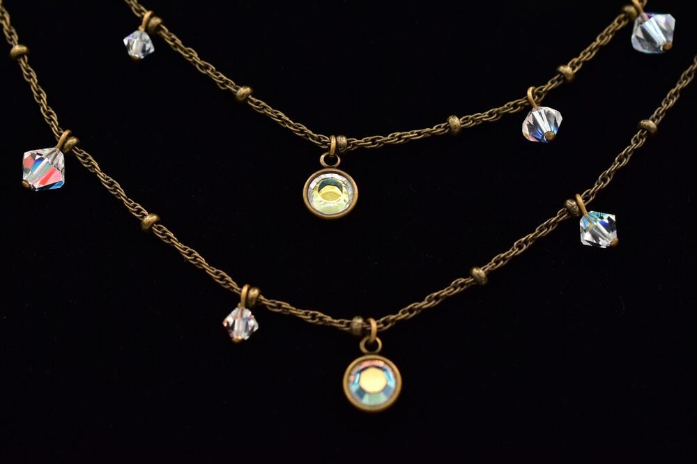 Liz Palacios SF Vintage Crystal Necklace Open Bezel Aurora Borealis Signed 9J